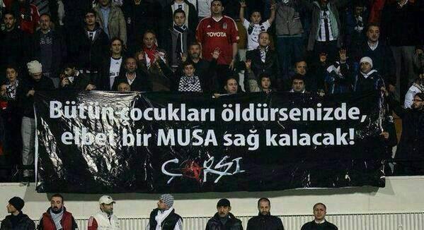 Besiktas fans with the banner “Even if you kill all the children, one Moses will survive” compare the policies of the Israeli government to the oppression of Pharaoh (via X)