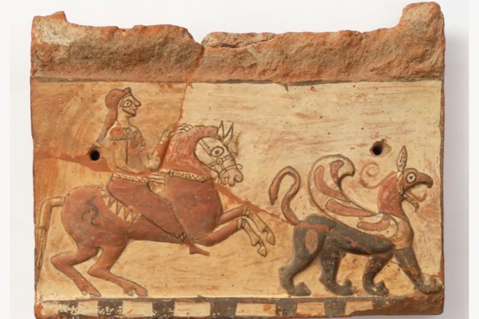 Duver terracotta plaque showing a horseman and a mythical creature, a significant artifact from the Pisidia region's ancient past, Denmark, Nov. 26, 2024. (Photo via Ministry of Culture)