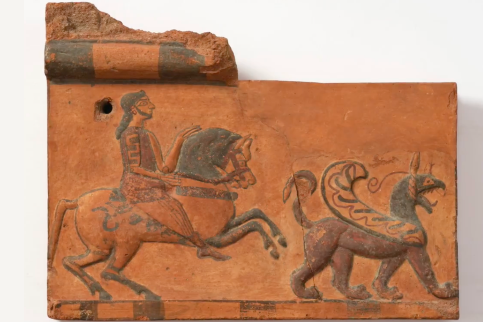 Duver terracotta plaque depicting a horseman and a mythical winged creature, reflecting the storytelling elements of Pisidian art, Denmark, Nov. 26, 2024. (Photo via Ministry of Culture)