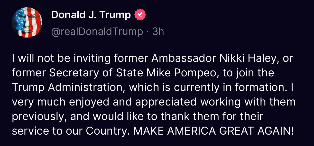 President-elect Trump rules out Haley, Pompeo for cabinet, hints at closer Turkish ties