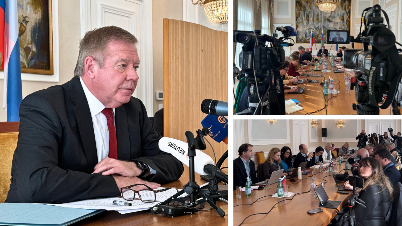 Russia's Permanent Representative to the United Nations in Geneva, Ambassador Gennady Gatilov meeting with journalists from the Association of Accredited Correspondents at the UN. (X Photo) 