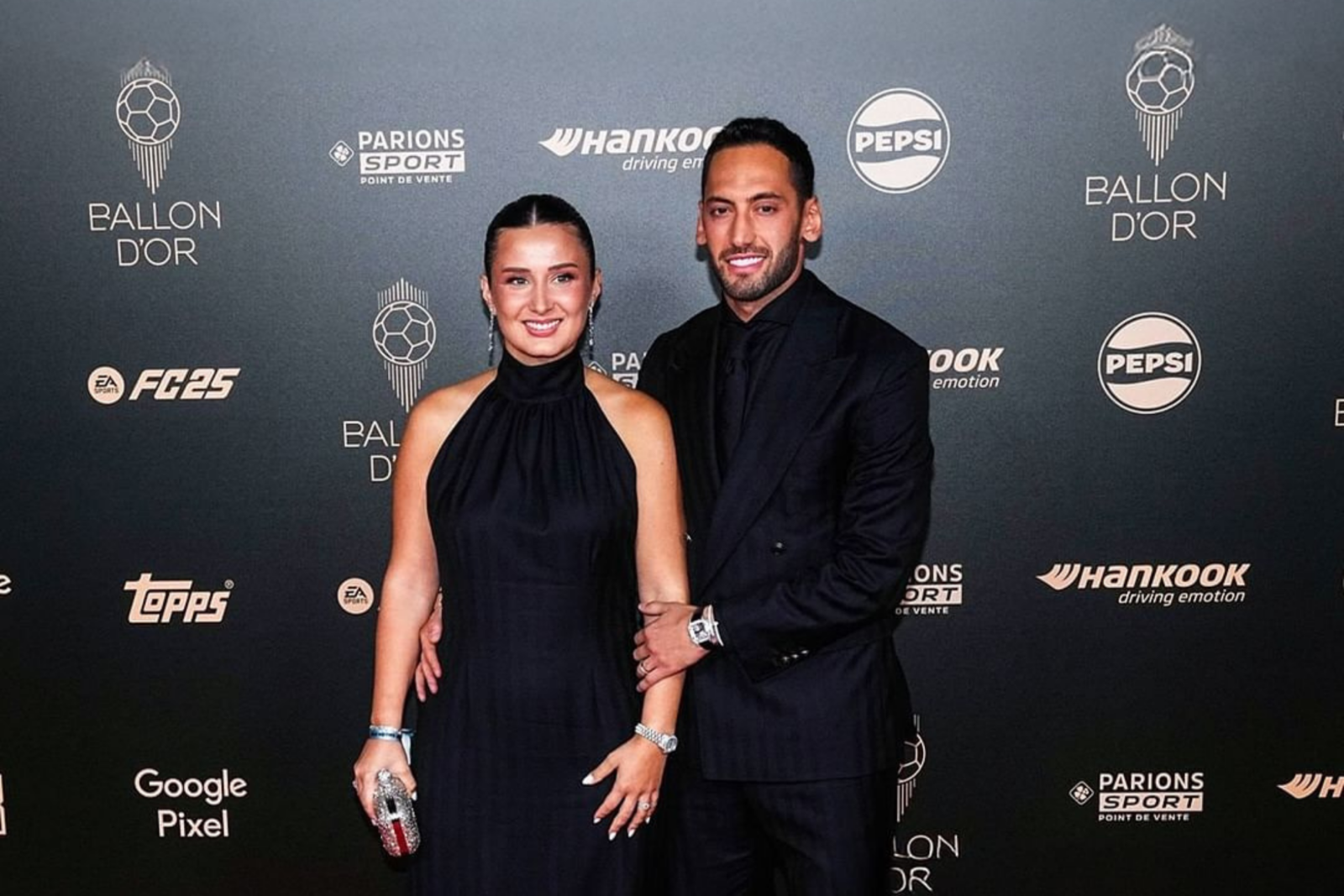 Hakan Calhanoglu attends the Ballon d'Or event with his wife Sinem at Théâtre du Châtelet in Paris, France, on Oct. 28, 2024. (Photo via Instagram / @hakancalhanoglu)