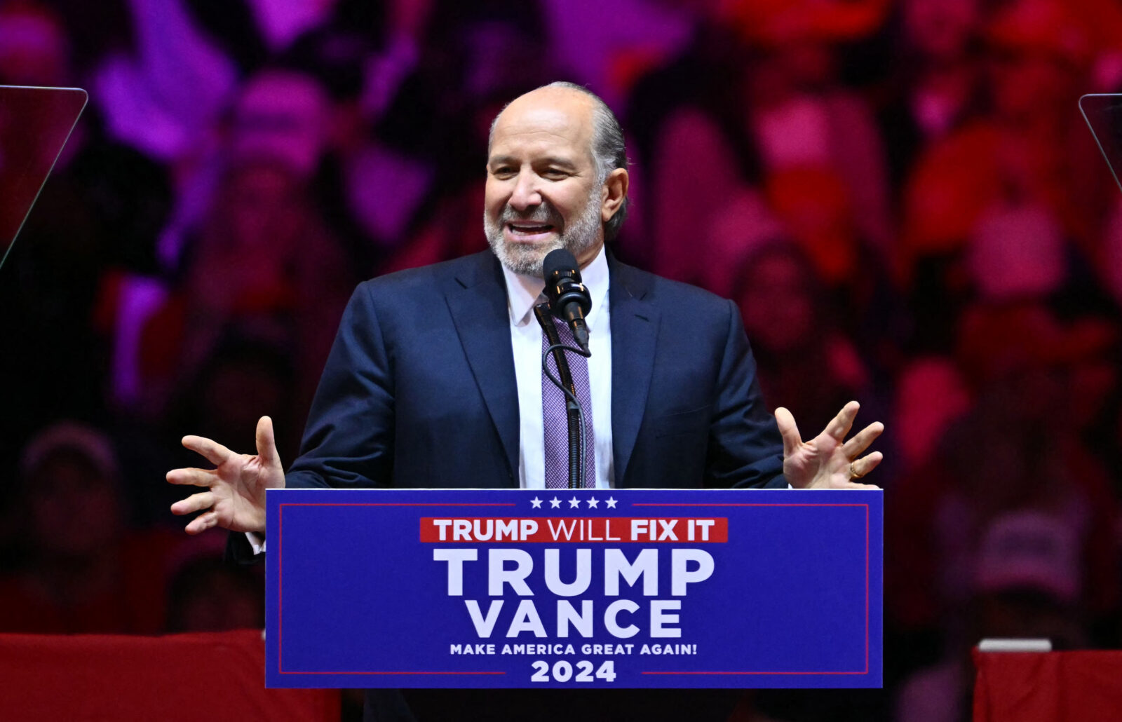 Howard Lutnick, Chairman and CEO of Cantor Fitzgerald and Co-Chair of the Trump 2024 Transition Team speaks at a rally for former US President and Republican presidential candidate Donald Trump at Madison Square Garden in New York, October 27, 2024. (Photo by ANGELA WEISS / AFP) (Photo by ANGELA WEISS/AFP via Getty Images)