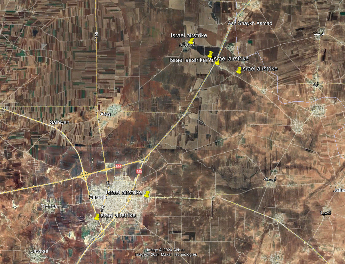 Reportedly the Israeli airstrikes in Syria's Saraqib town near Idlib, Aleppo. Which is 35km close to NATO member Türkiye's border (Google Earth)