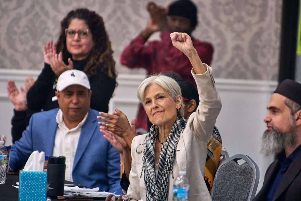 Jill Stein, the 2024 Green Party presidential candidate, during an event with Workers Strike Back and the “Abandon Harris” campaign at the Bint Jebail Cultural Center in Dearborn, MI, Oct. 6, 2024 (AFP Photo)
