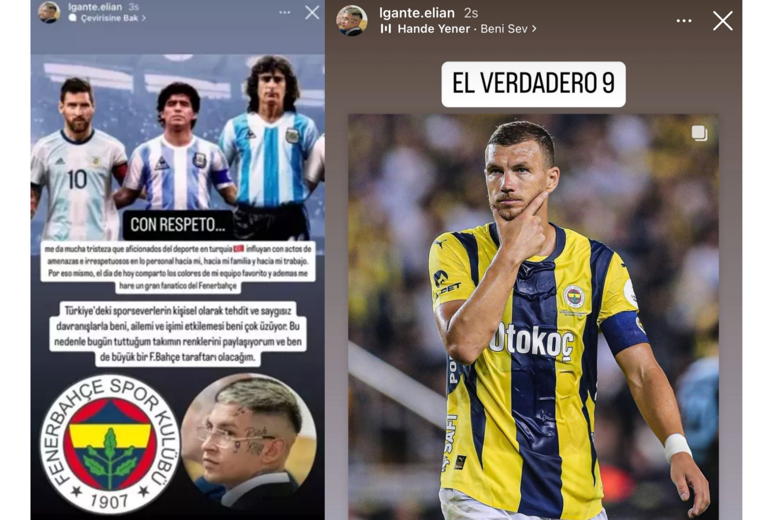 L-Gante declares Fenerbahce support and shares Edin Dzeko's photo on the Instagram story, November 11, 2024 (Photo via Instagram / @lgante_keloke)