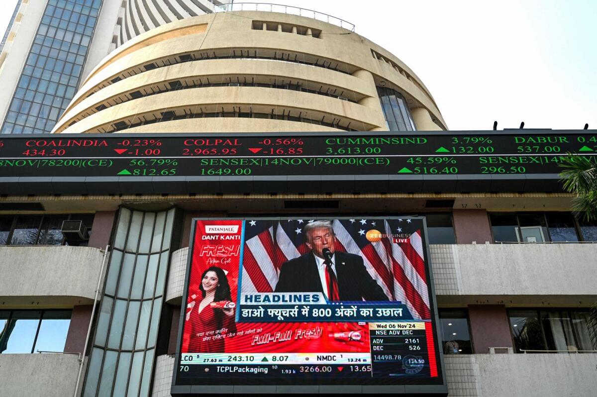 A digital broadcast screen airing news on the facade of the Mumbai Stock Exchange. (AFP Photo)