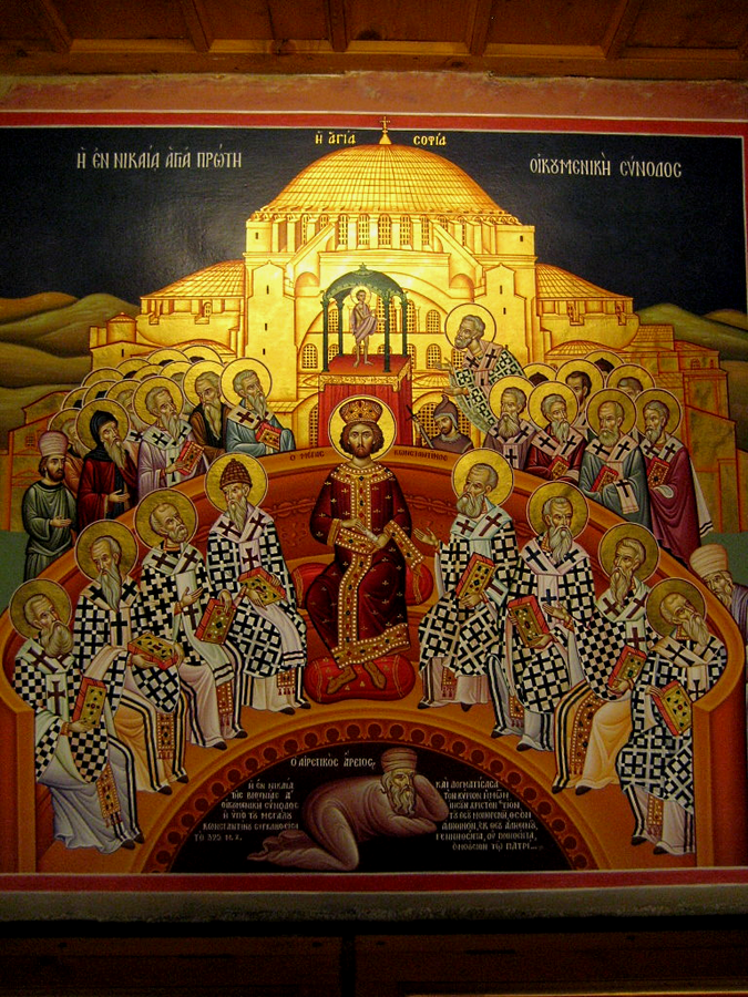 The Council of Nicaea, with Arius depicted as defeated by the council, lies under the feet of Emperor Constantine. Icon from the Mégalo Metéoron Monastery in Greece, representing the First Ecumenical Council of Nikea 325 A.D