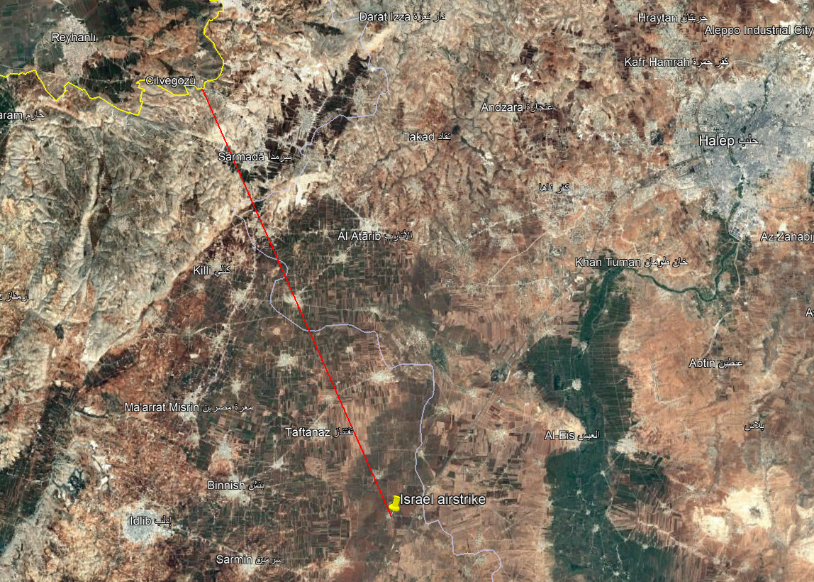 The distance between the NATO member Türkiye's Cilvegozu border crossing and the location targeted by Israel in Syria. (Google Earth)