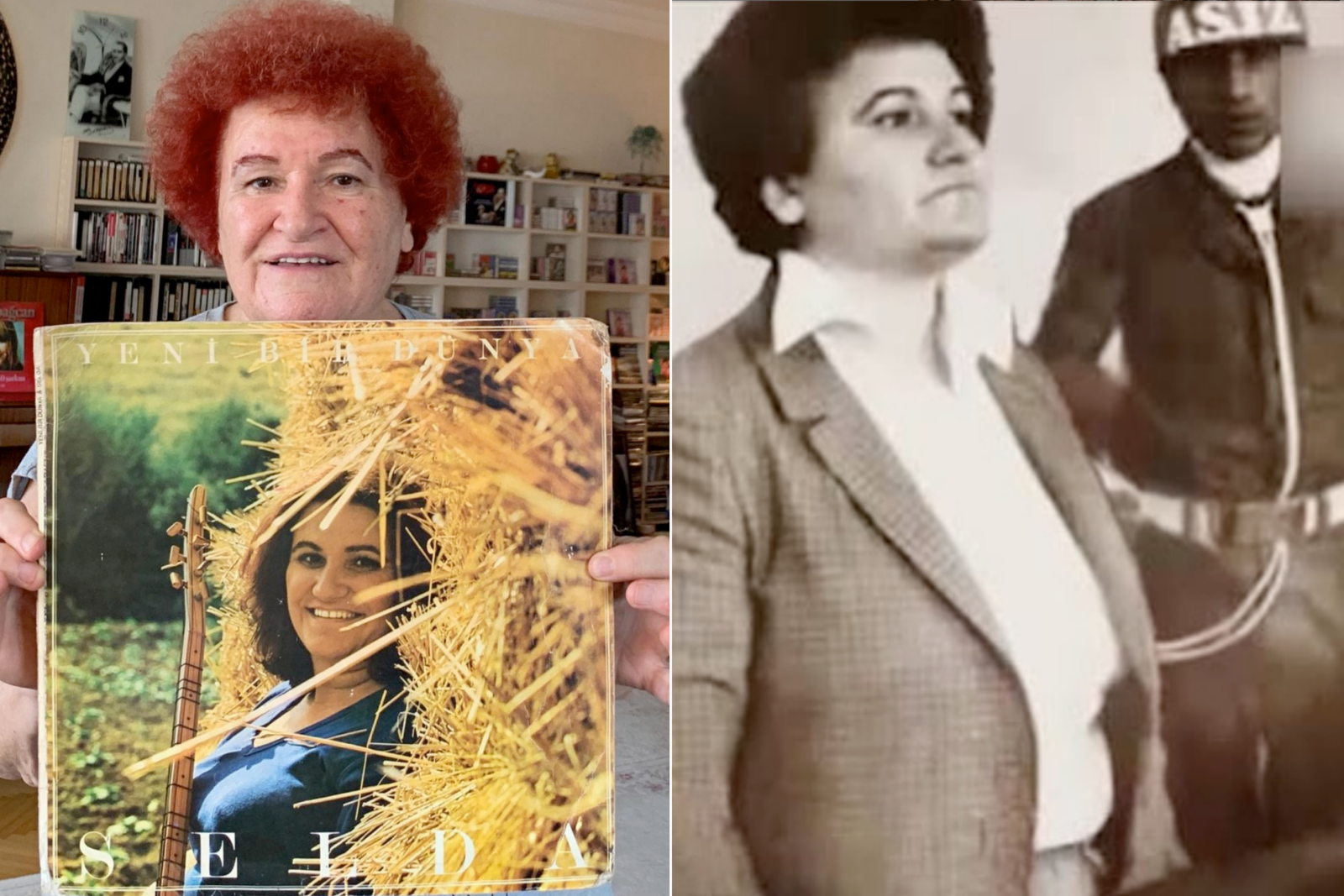 Selda Bagcan holding her own record (L) and Selda Bagcan's black and white photo documenting how she was jailed, interrogated and detained following the military coup in 1980. (Photo via Instagram / @seldabagcanofficial)