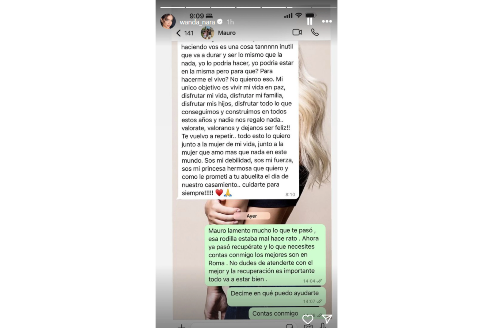 Galatasaray's Mauro Icardi's heartfelt message shared on Wanda Nara's Instagram story, November 9, 2024 (Photo via Instagram / @wandanara)