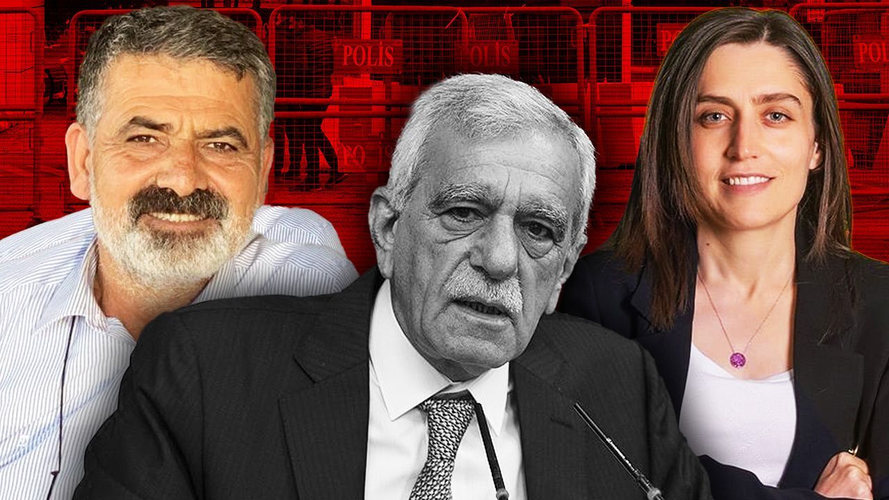 Halfeti Mayor Mehmet Karayilan (left), Mardin Metropolitan Mayor Ahmet Turk (center) and Batman Mayor Gulistan Sonuk have been removed from office, November 4, 2024. (Photo by Türkiye Gazetesi)