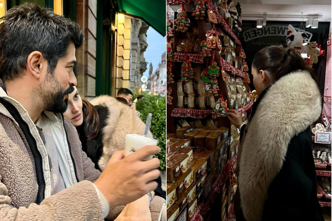 Fahriye Evcen enjoys some coffee with her husband Burak Ozcivit and shops in Strasbourg, Nov. 4, 2024. (Photo via Instagram / @evcenf)