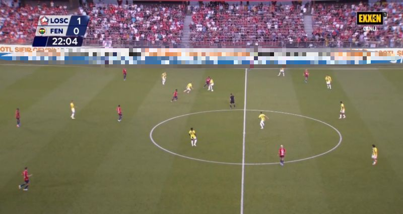 UEFA competition between Lille and Fenerbahce was streamed on EXXEN with billboards full of illegal betting ads (blurred in the screenshot), on Aug. 6, 2024. (Photo via EXXEN)