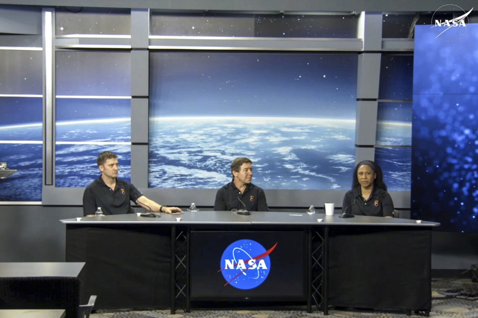In this image from video provided by NASA, astronauts Matthew Dominick, Michael Barratt and Jeanette Epps participate in a news conference at the agency’s Johnson Space Center in Houston, Nov. 8, 2024. (Photo via NASA/AP Photo)