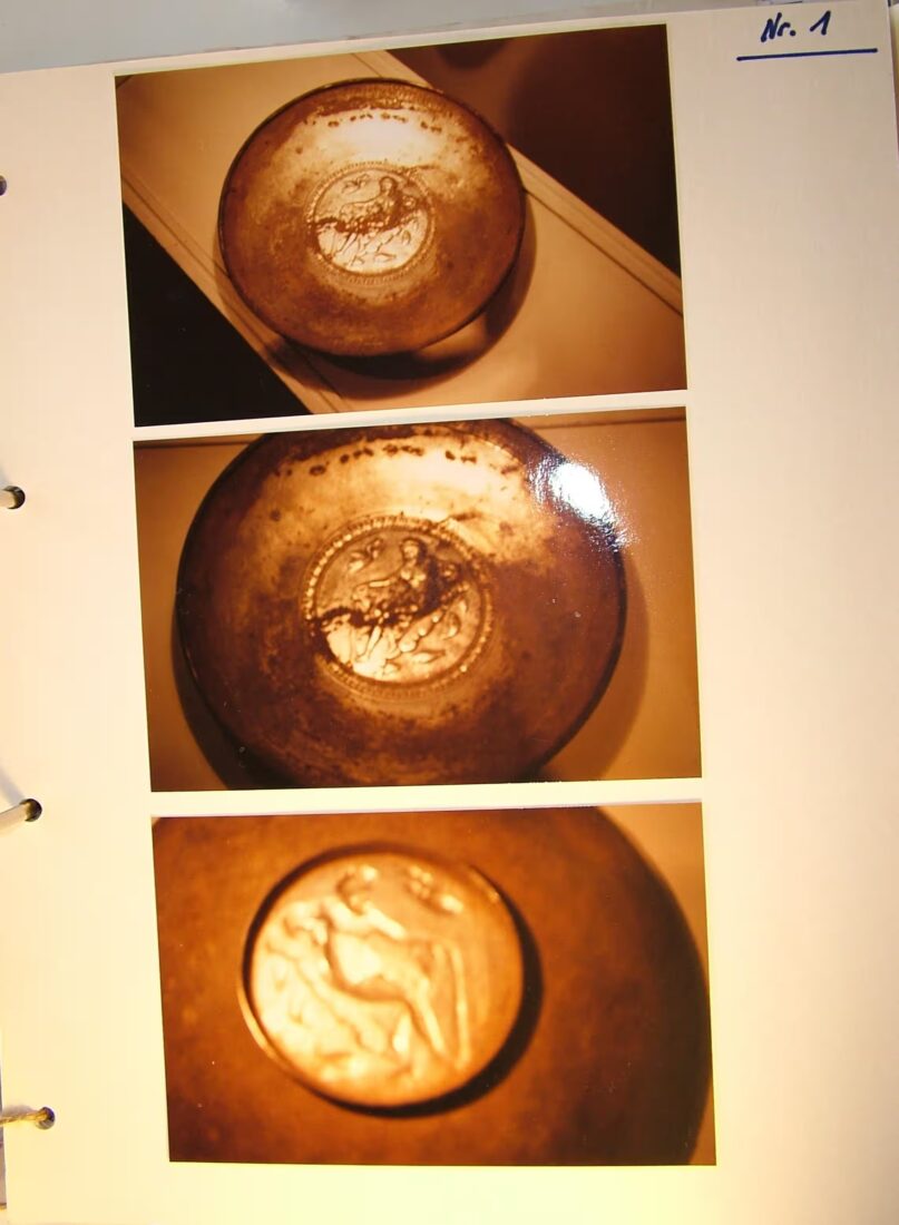 The third-century Roman plate, depicted in its unrestored state from Gianfranco Becchina's archive seized by police, November 2024. (Photo courtesy of Dr. Christos Tsirogiannis)