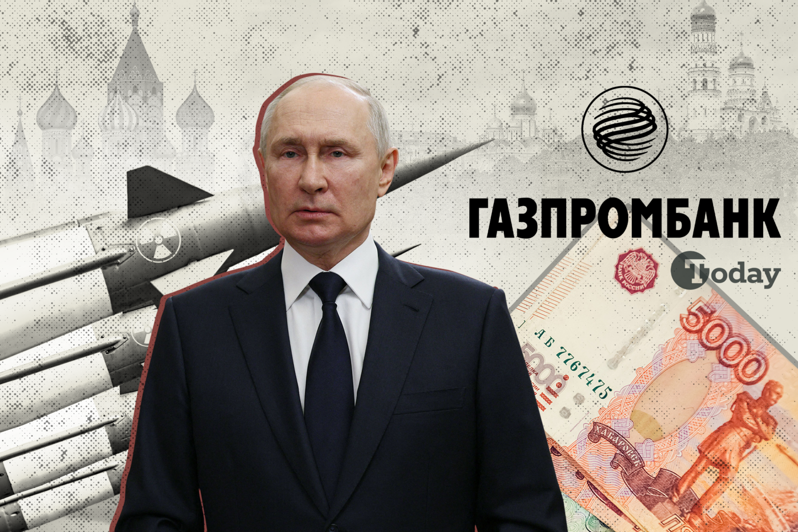 Russian President Vladimir Putin amid symbols of economic and geopolitical tensions: nuclear missiles, the Gazprombank logo, and the devalued ruble. (Collage by Türkiye Today team)