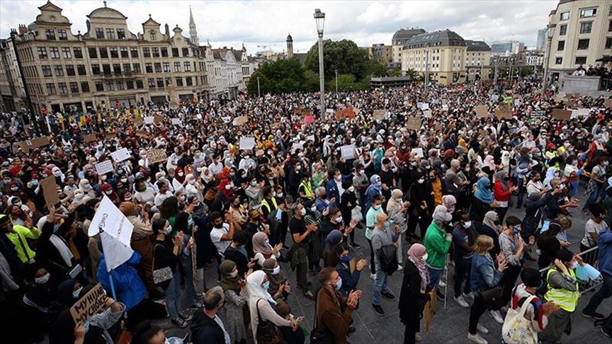 People gather at the Mont des Arts for a demonstration against the headscarf ban at a Brussels college, in Brussels, Belgium on July 5, 2020. (AA Photo)