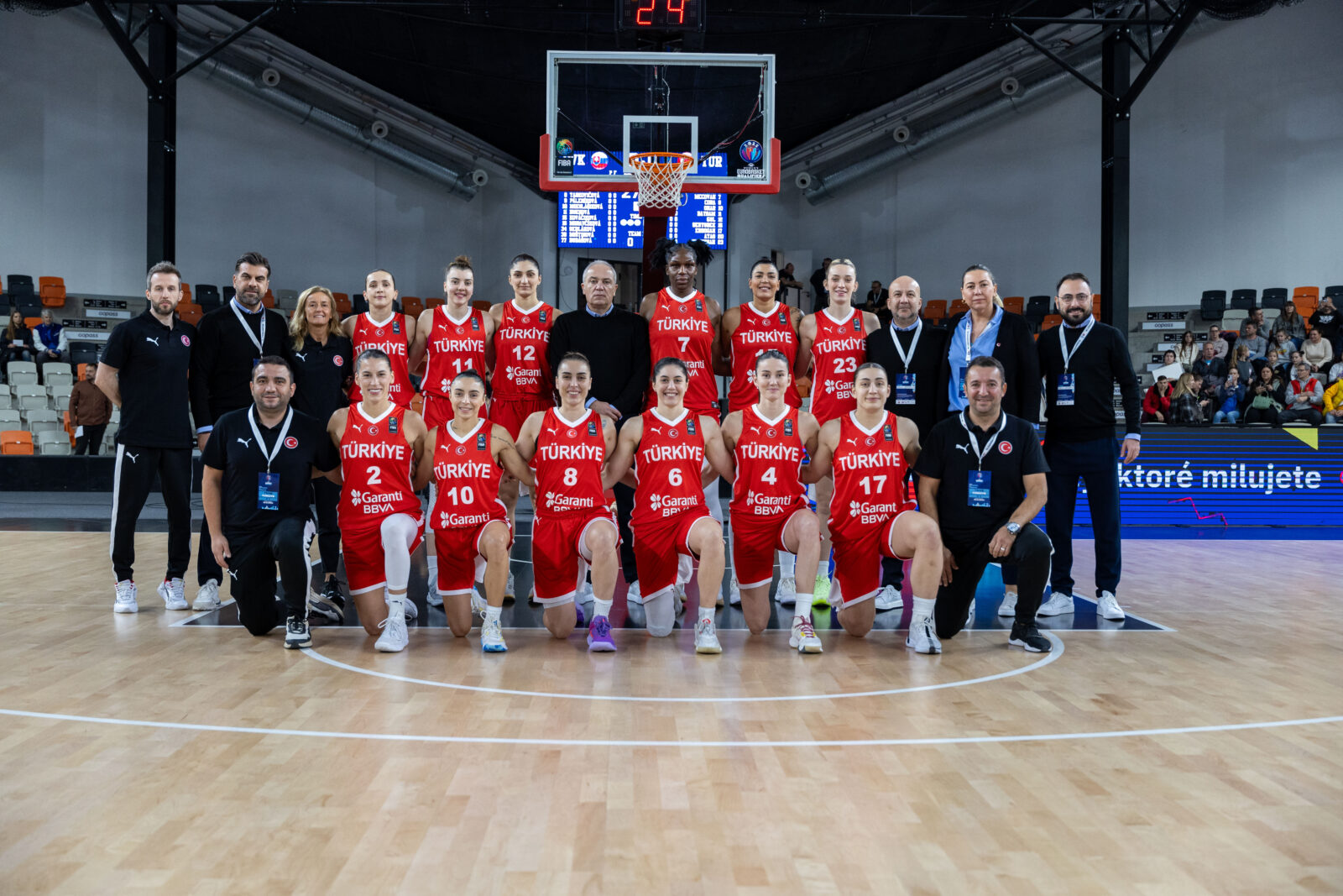 The Turkish women's basketball team gathers for a team photo before their EuroBasket qualifying match against Slovakia at Arena Stožice, Ljubljana, November 10, 2024. (Photo via Turkish Basketball Federation)