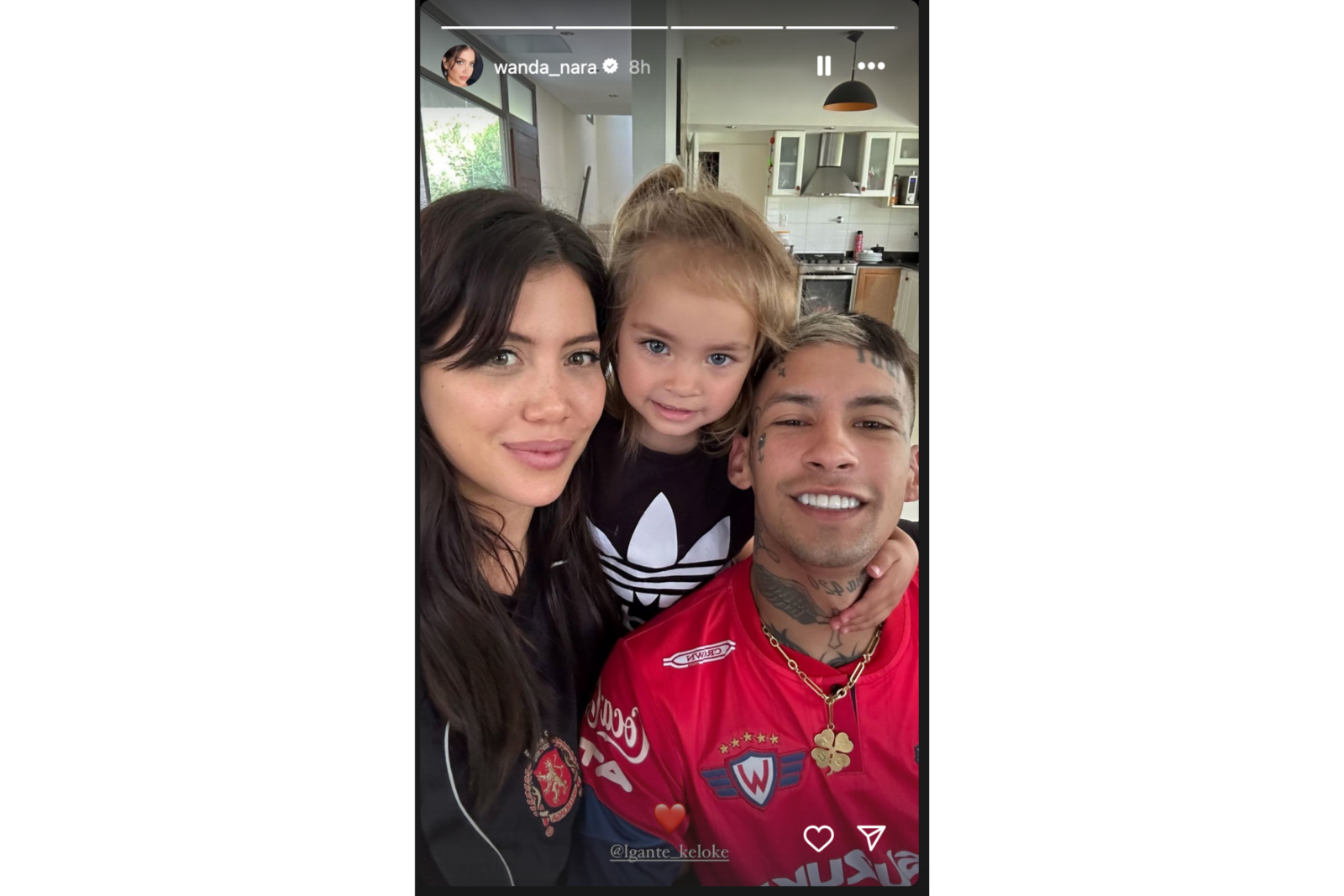 Wanda Nara posts an Instagram story with L-Gante and his child, wearing a brand's football jersey, Nov. 4, 2024. (Photo via Instagram @wanda_nara)