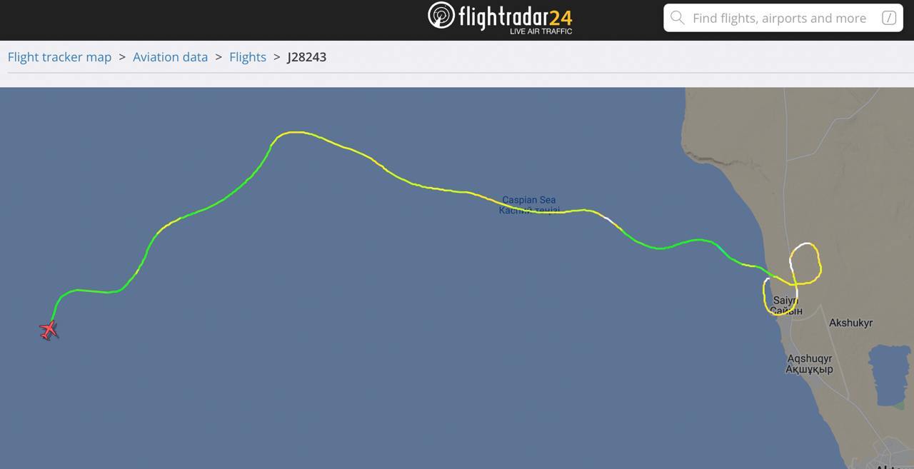Flight data shows the Azerbaijan Airlines flight that crashed in Kazakhstan. (Flightradar24)