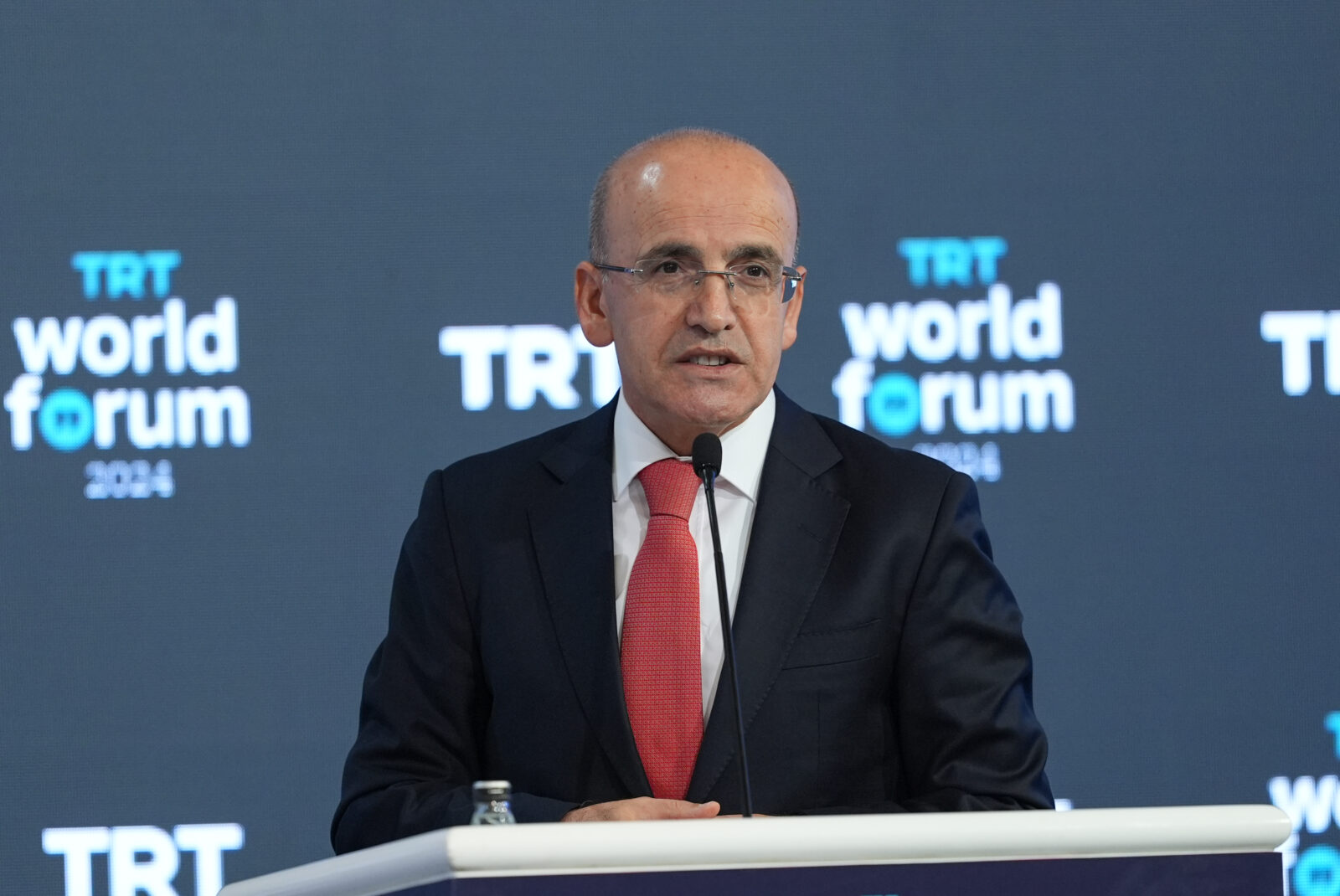 Turkish treasury and finance minister Mehmet Simsek speaks at the 