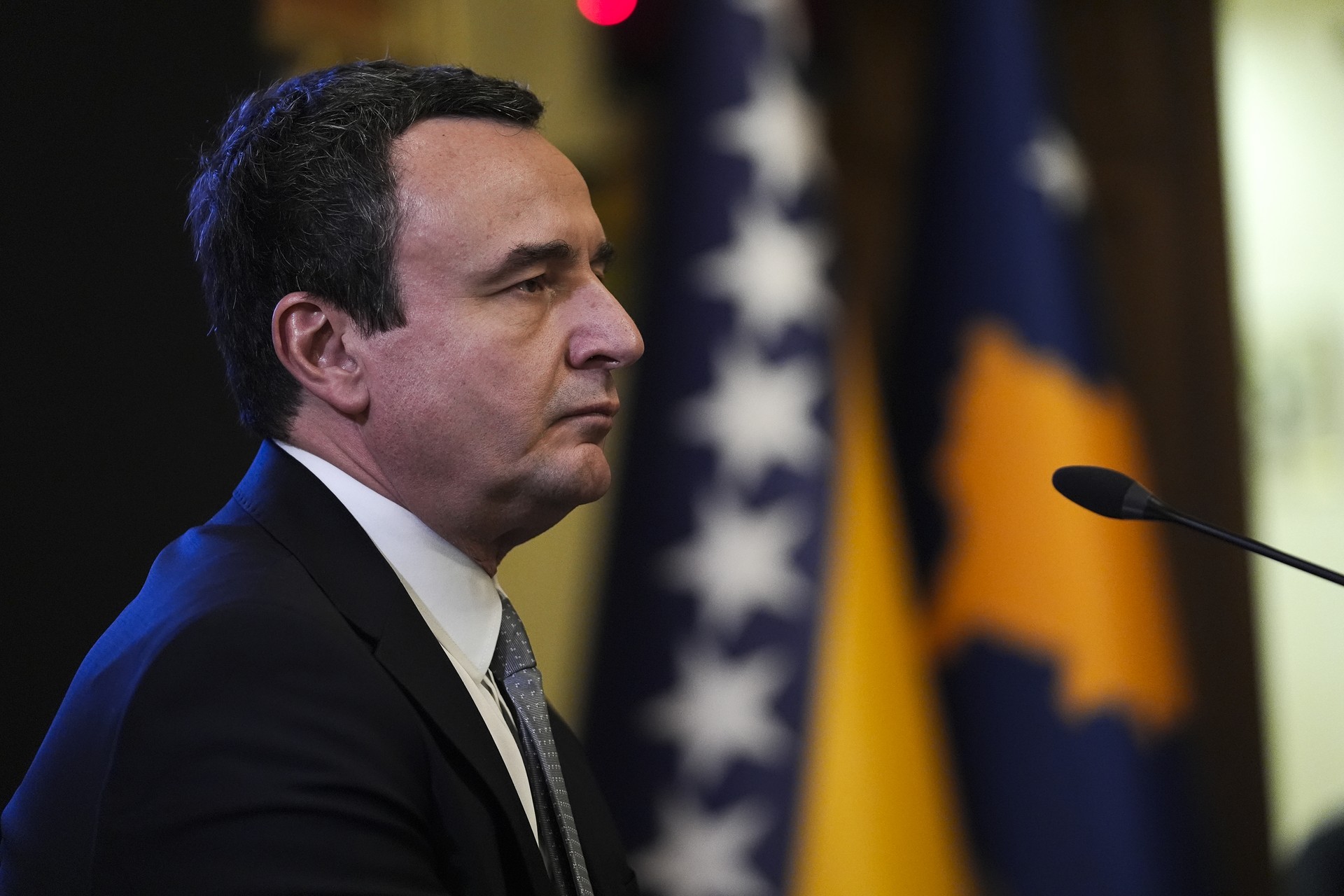 Kosovo Prime Minister Albin Kurti speaks at a meeting organized by the Krug 99 Association of Independent Intellectuals at the Vijecnica Library in Sarajevo, the capital of Bosnia and Herzegovina on December 6, 2024.
