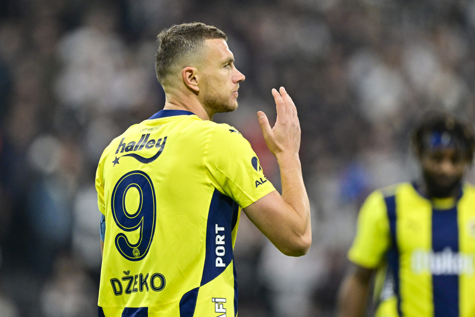Edin Dzeko (9) of Fenerbahce gestures after a position during the Turkish Super Lig week 15th football match between Besiktas and Fenerbahce at Tupras Stadium in Istanbul, Türkiye on Dec. 7, 2024. (AA Photo)