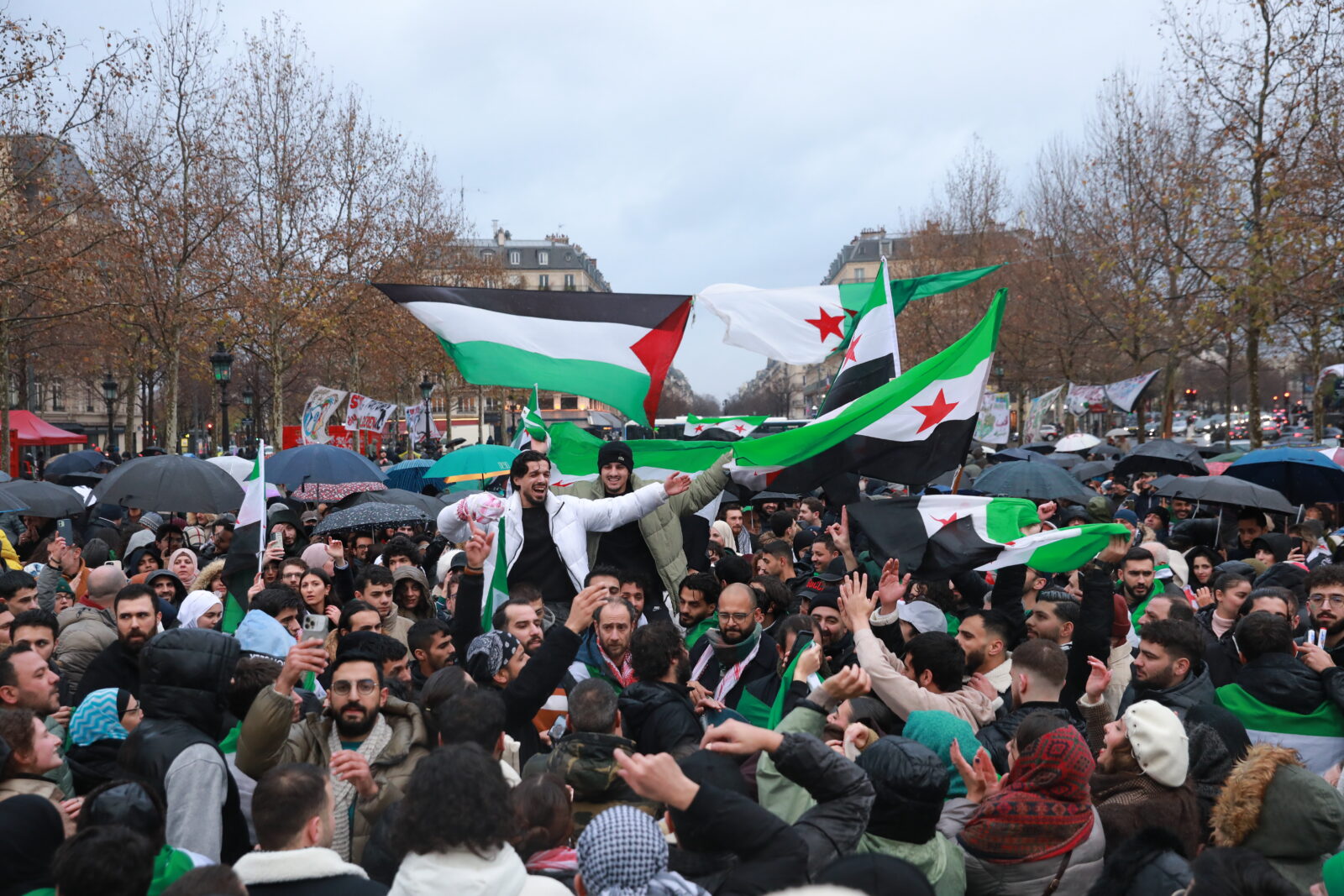 Syrians living in Paris gather in Place de la Republique, Kreuzberg to celebrate as sixty-one years of Baath Party rule in Syria collapses, France, December 8, 2024. (AA Photo)