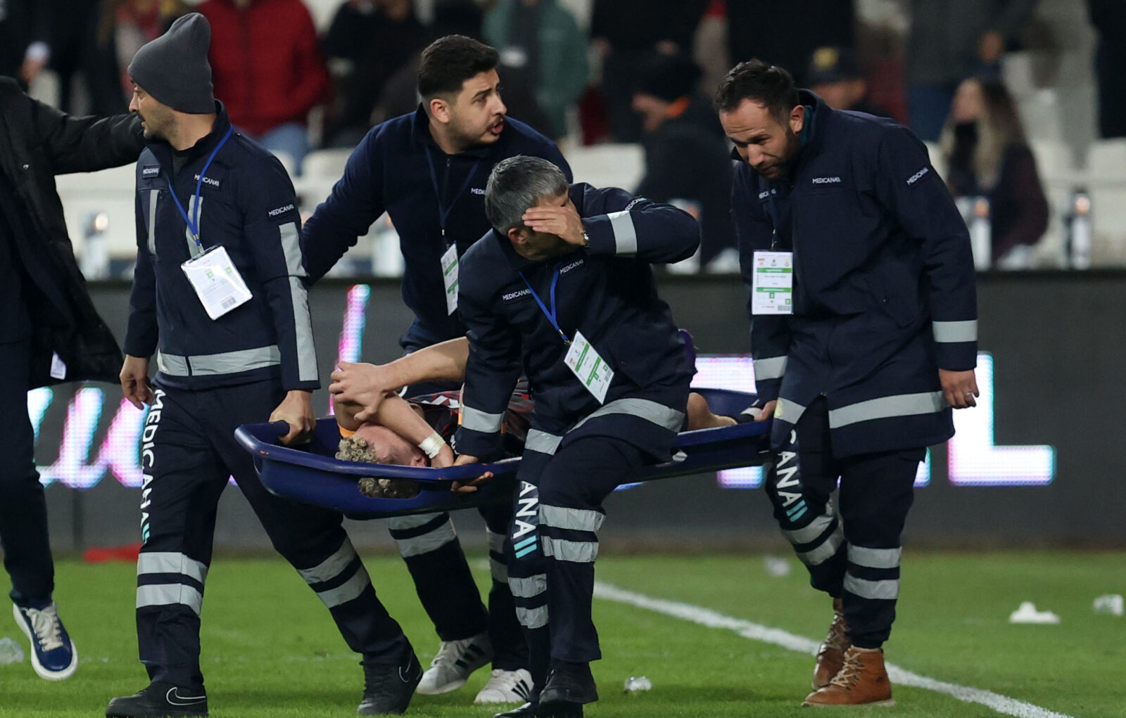 Baris Alper Yilmaz of Galatasaray is being carried after getting injured during the Turkish Super Lig week 15 football match against Sivasspor in Sivas, Türkiye, December 08, 2024. (AA Photo)