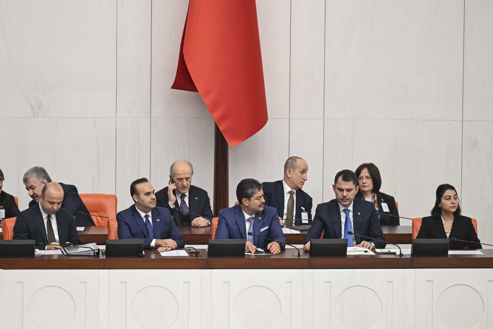 Industry and Technology Minister Mehmet Fatih Kacir (2nd from L) and Environment, Urbanization and Climate Change Murat Kurum (2nd from R) participate in the Turkish Parliament's plenary session discussing the 2025 budgets of their respective ministries. (AA Photo)