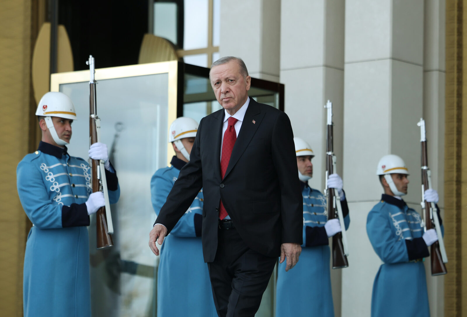 ANKARA, TURKIYE - DECEMBER 12: (----EDITORIAL USE ONLY - MANDATORY CREDIT - 'TURKISH PRESIDENCY / MUSTAFA KAMACI / HANDOUT' - NO MARKETING NO ADVERTISING CAMPAIGNS - DISTRIBUTED AS A SERVICE TO CLIENTS----) Turkish President Recep Tayyip Erdogan welcomes Hungarian Prime Minister Viktor Orban (not seen) at the Presidential Complex in Ankara, Turkiye on December 12, 2024. ( TUR Presidency / Mustafa Kamaci - Anadolu Agency )<img src=