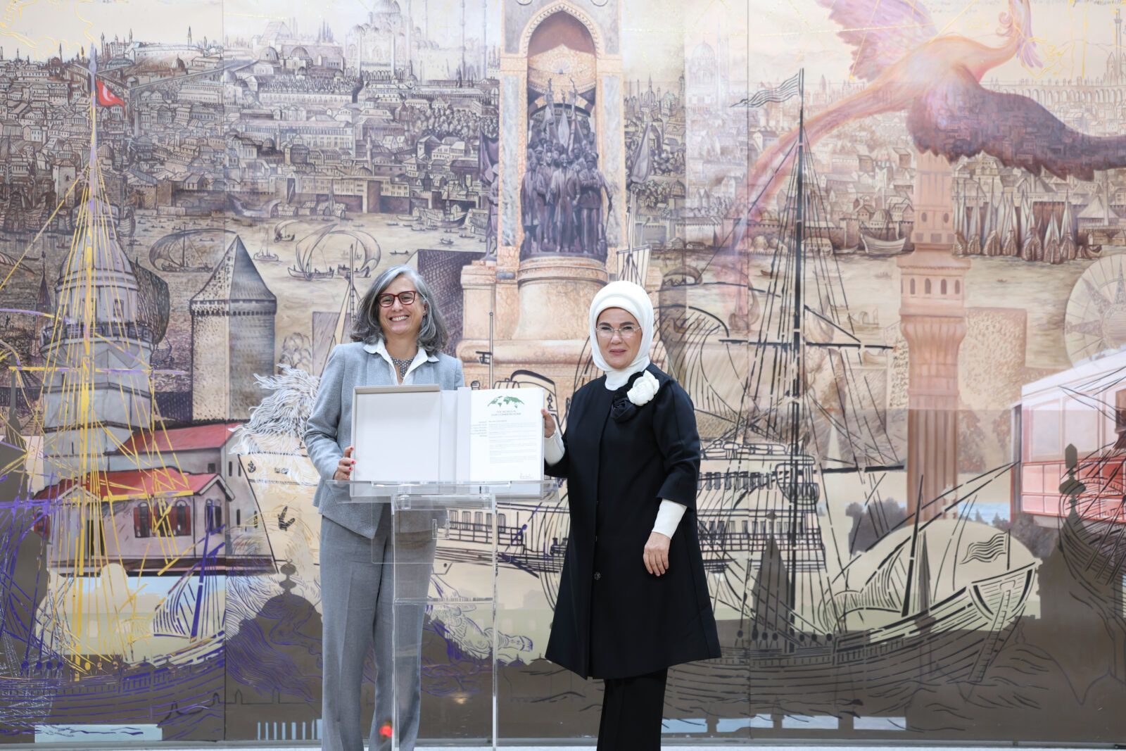 Turkish First Lady Emine Erdogan, U.N.-Habitat Executive Director Anaclaudia Rossbach, the Dolmabahce Office in Istanbul, Turkiye, Dec. 13, 2024. (AA Photo)