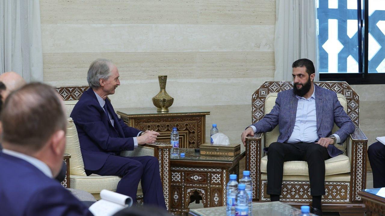 DAMASCUS, SYRIA - DECEMBER 15: (----EDITORIAL USE ONLY - MANDATORY CREDIT - 'SYRIAN TRANSITIONAL GOVERNMENT / HANDOUT' - NO MARKETING NO ADVERTISING CAMPAIGNS - DISTRIBUTED AS A SERVICE TO CLIENTS----)The UN Special Envoy for Syria Geir O. Pedersen meets Hayat Tahrir al-Sham (HTS) leader Abu Mohammad al-Jolani in Damascus, Syria on December 15, 2024. (  Syrian Transitional Government  - Anadolu Agency )