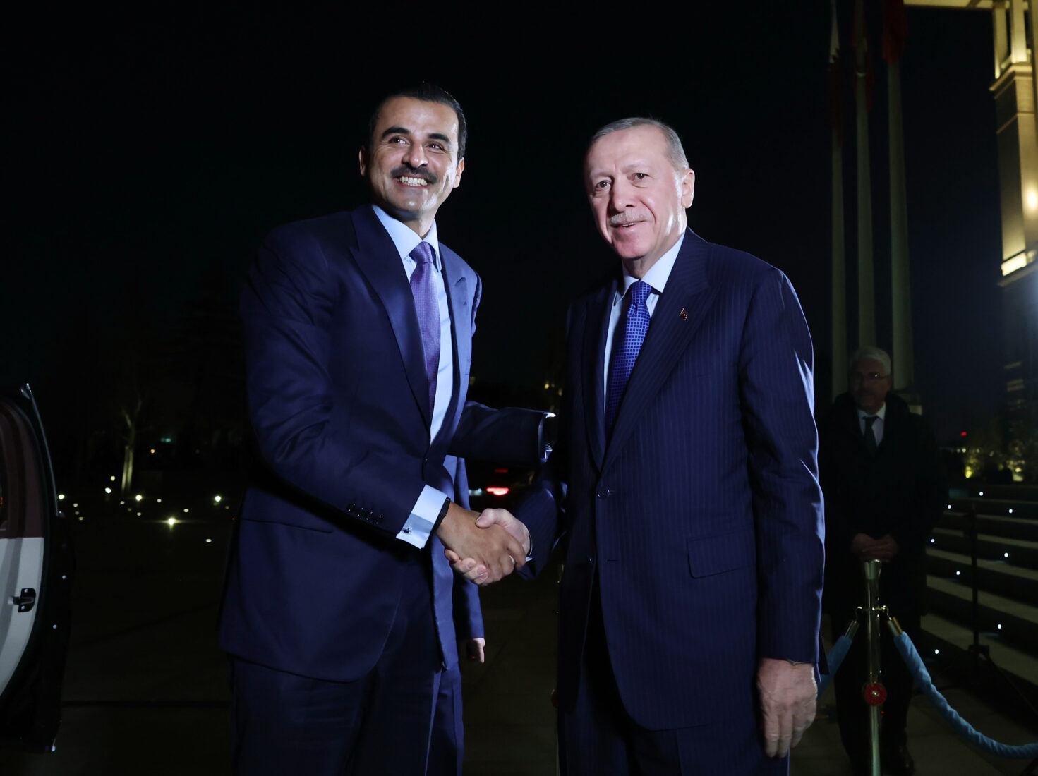 President Recep Tayyip Erdogan (R) meets with Emir of Qatar Sheikh Tamim bin Hamad Al Thani (L) at the Presidential Complex in Ankara, Türkiye on December 17, 2024. (AA Photo)