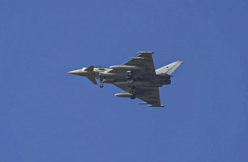 A Eurofighter Typhoon fighter jet of the United Kingdom Air Force is seen before landing at Murted Airfield Command, an air base of the Turkish Air Force located 35 km northwest of Ankara, Türkiye, Dec. 18, 2024. (AA Photo)