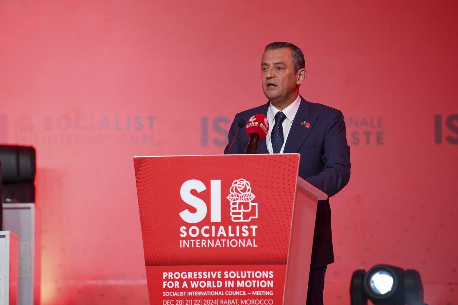 CHP Chairman Ozgur Ozel attended and delivered a speech at the Socialist International Council Meeting in Rabat, the capital of Morocco. (CHP - AA)