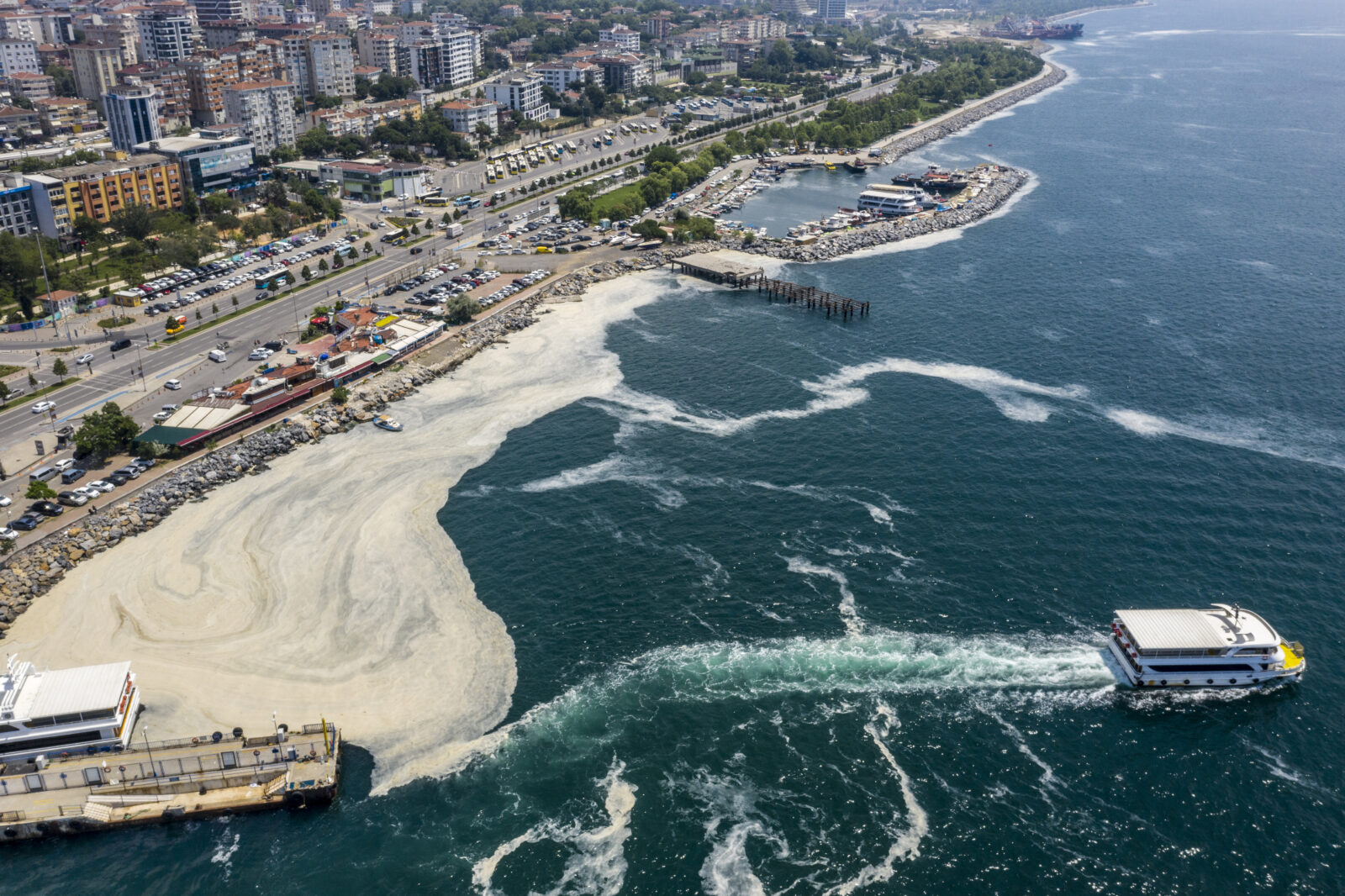 A drone photo shows mucilage (sea snot) continuing to cover the surface of the Marmara Sea at the Maltepe shore in Istanbul, Türkiye, June 26, 2021. (AA Photo)