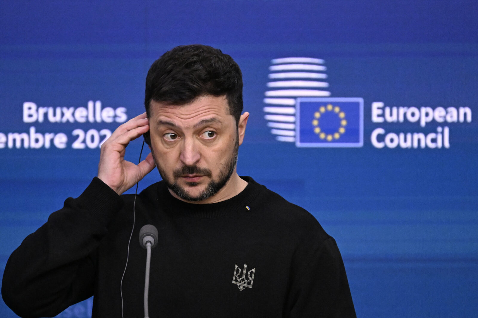 Ukraine's President Volodymyr Zelenskyy looks on during a press conference after the European Council meeting at the EU headquarters in Brussels on December 19, 2024. (AFP Photo)