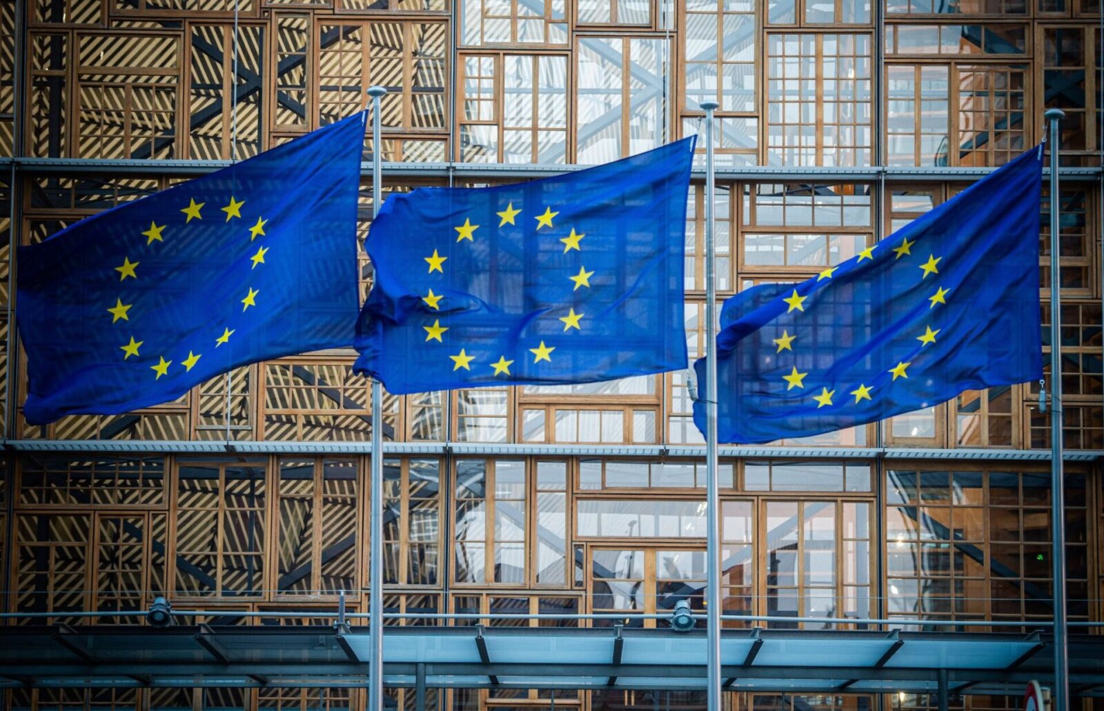 European Union flags waving in the wind in front of the Europa building. (AFP Photo)