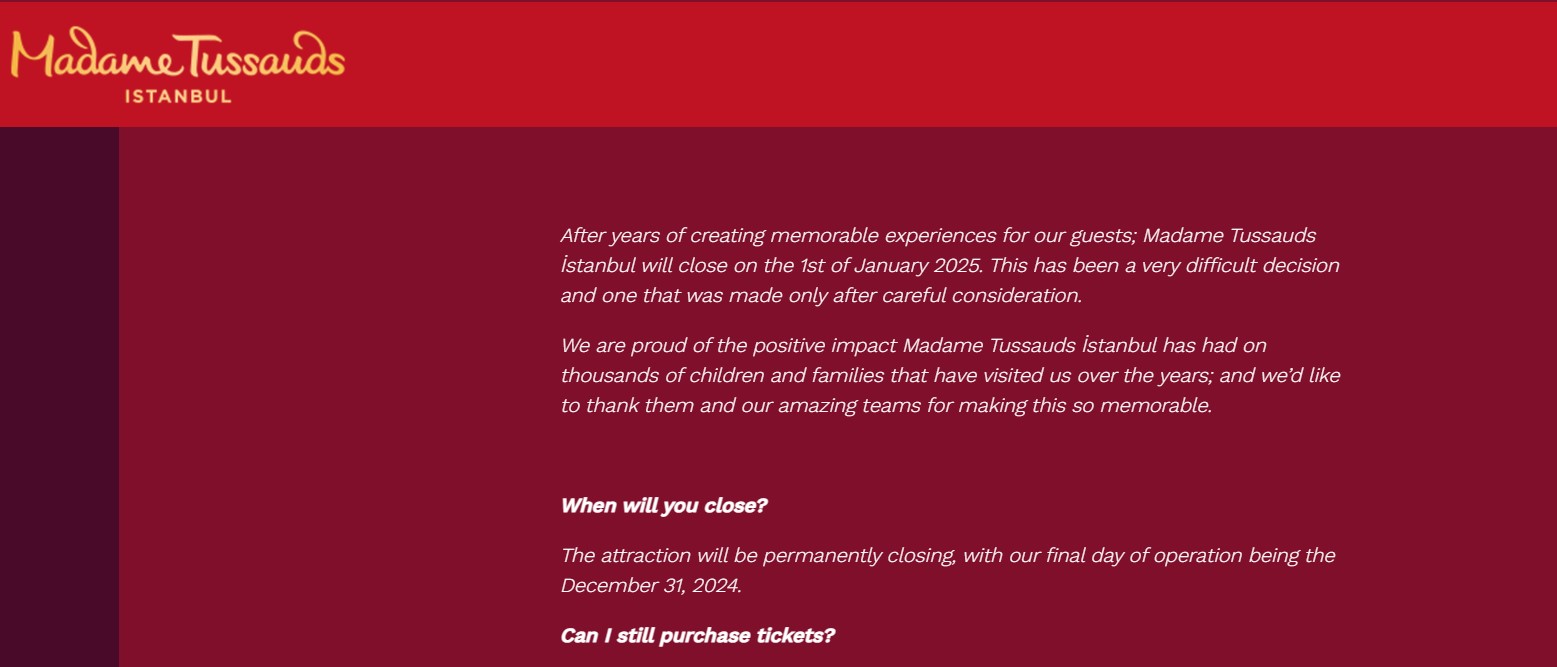 An image of the announcement of the closure on the websites of Merlin's branches in Istanbul. (Screenshot from websites)