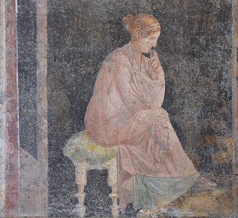 Detail of the Roman fresco wall painting of a women thinking from the Villa Arianna (Adriana), Stabiae (Stabia) near Pompeii , inv 9097, Naples National Archaeological Museum. (Photo via Hygeia)