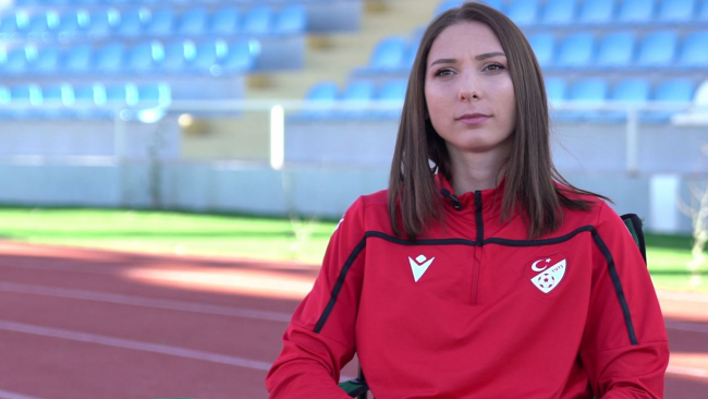 Gamze Durmus Pakkan during an interview at a sports facility. (Photo via X)