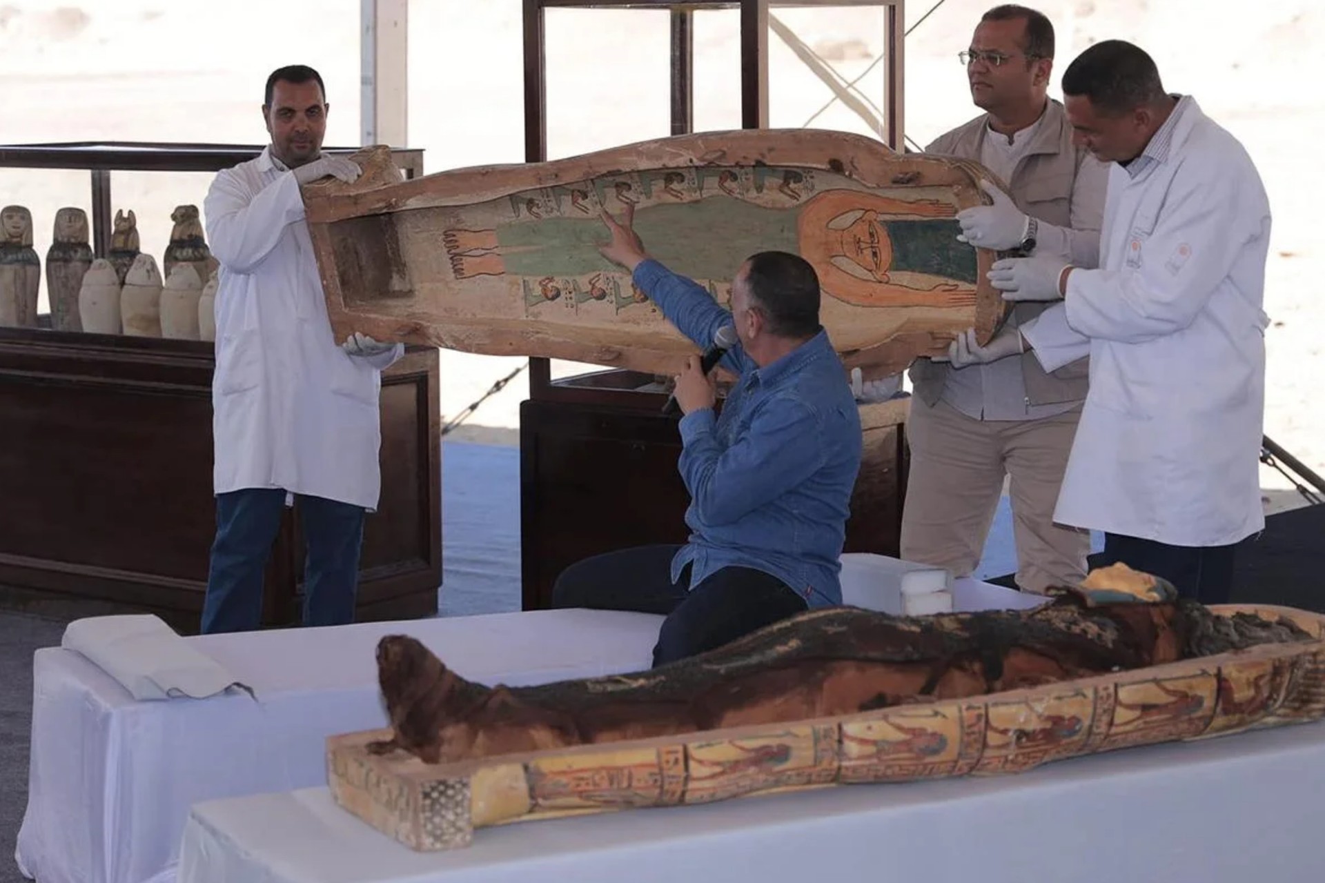 This coffin is opened at a press conference, revealing a mummy. (Photo via Egyptian Ministry of Tourism & Antiquities)