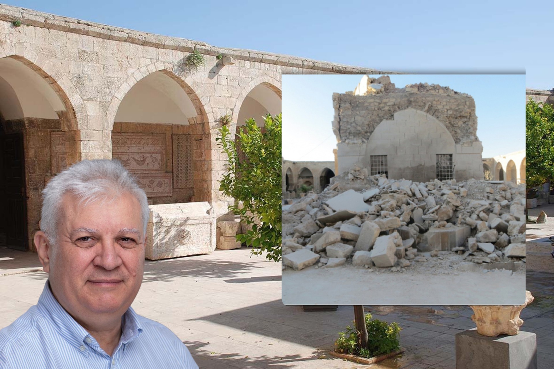 Collage of photographs of Professor Amr Al-Azm and the Ma'ara Al Nu'man Museum before and after the attack. (Photo collage by Türkiye Today)