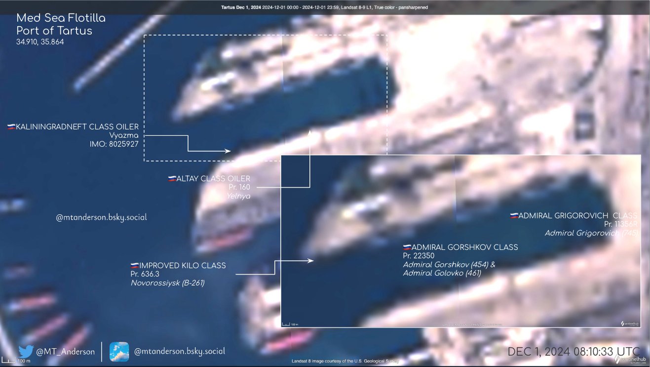 Satellite images from the port of Syrian Tartus on 30 November 2024. Both Gorshkov class frigates, Admiral Grigorovich, Kilo class Novorossiysk and oilers Yelnya & Vyazma are in port. Landsat 8-9 satellite imges from 1 December 2024 indicate the vessels did not move overnight. (MT Anderson/X) 
