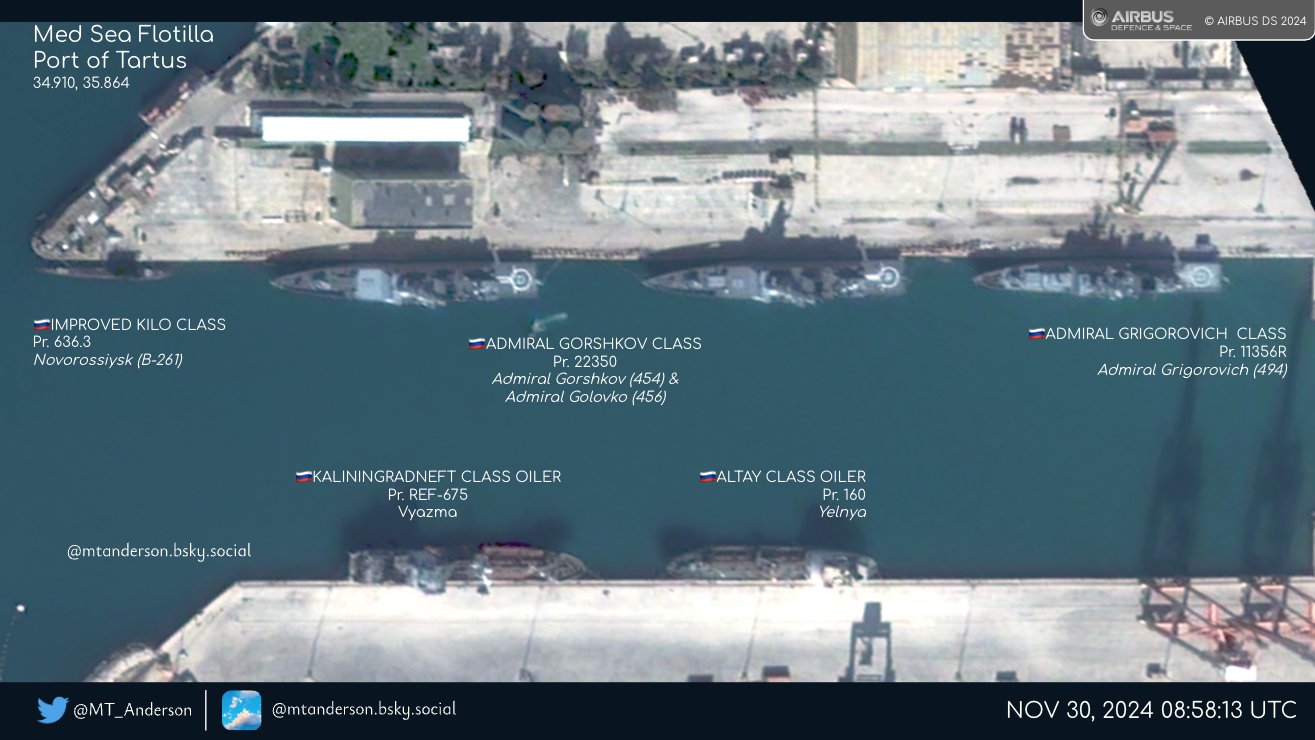 Satellite images from the port of Syrian Tartus on 30 November 2024. Both Gorshkov class frigates, Admiral Grigorovich, Kilo class Novorossiysk and oilers Yelnya & Vyazma are in port. Landsat 8-9 satellite imges from 1 December 2024 indicate the vessels did not move overnight. (MT Anderson/X) 