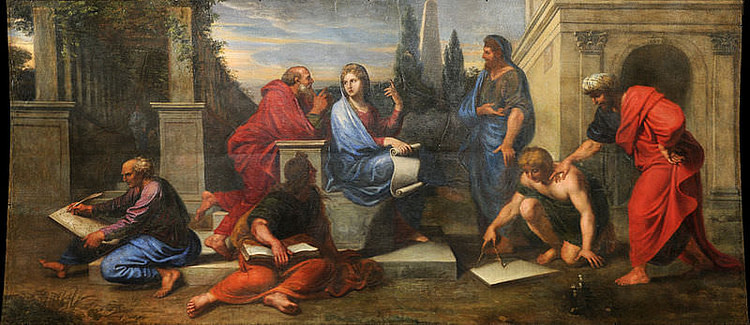 Aspasia surrounded by Greek Philosophers, oil on canvas painting by Michel Corneille the Younger, 1670, exhibited in the Palace of Versailles, France. (Photo by World History)