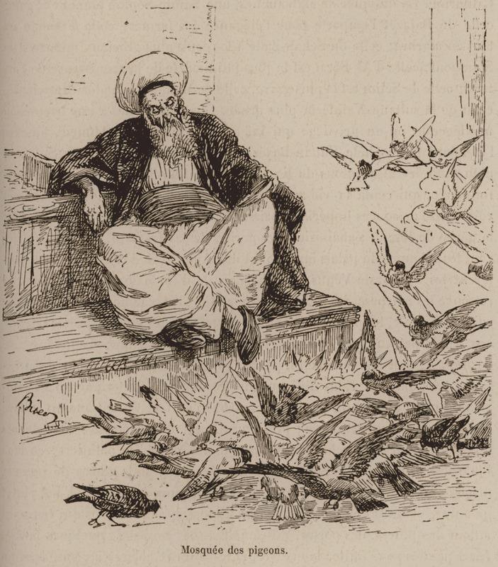Pigeons near a mosque are shown feeding from high water bowls, designed to prevent disturbance by other animals. (Photo via Ottoman Imperial Archives)