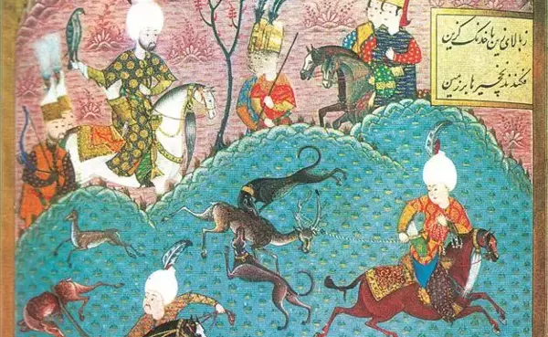 Hunting scene in the presence of Sultan Murad II (Murat) (1404-1451), miniature of the 17th century, Istanbul, Türkiye, (Photo by Topkapi Sarayi Museum Library)